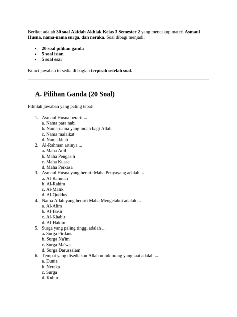 Soal Akidah Akhlak Kelas 3 Semester 2 PDF