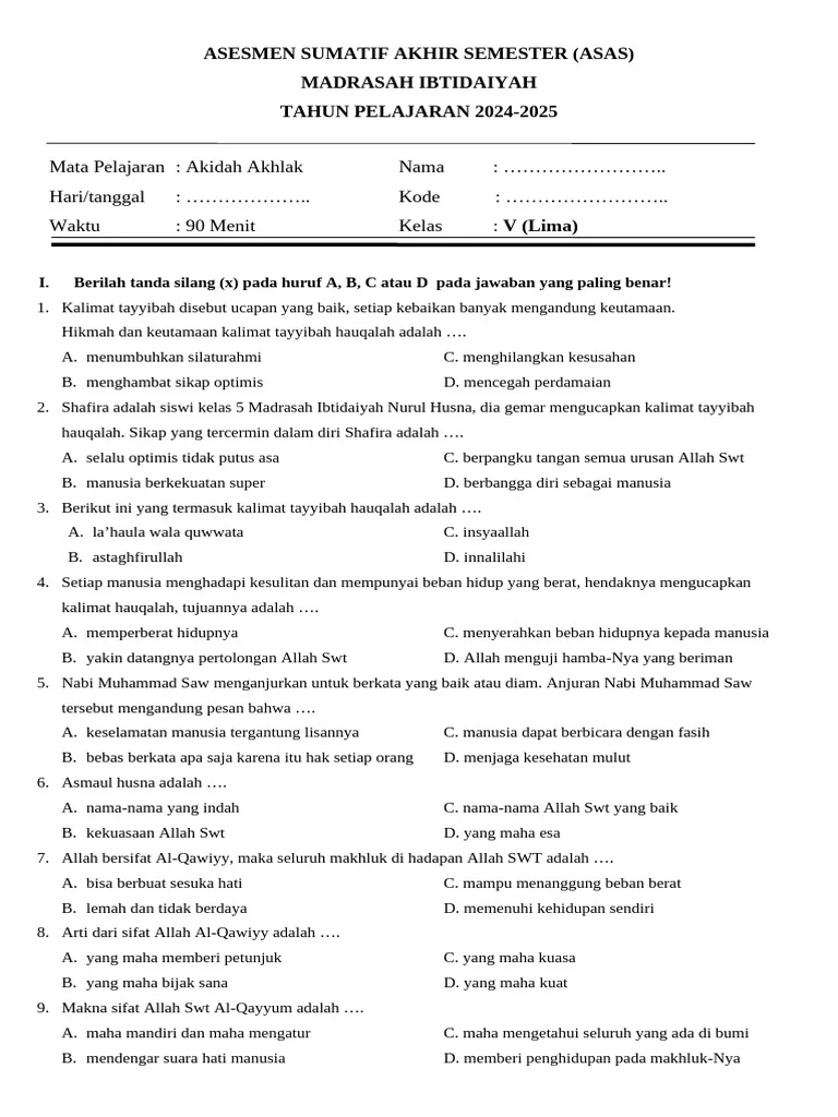 5 Soal Akidah Akhlak Kelas 5 Semester 2 dari Perangkat KBC 2026 yang Wajib Kamu Tahu