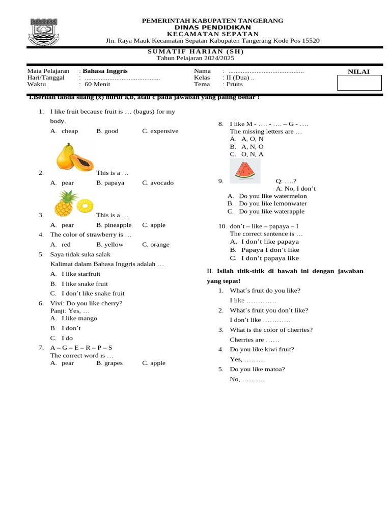 Soal Fruits Kelas 2 Kurmer PDF