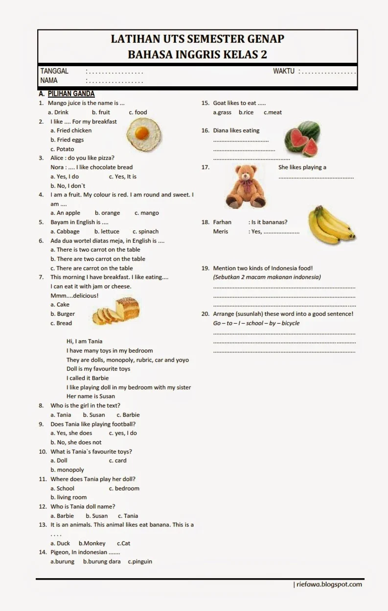 download soal bahasa inggris kelas 2 sd semester 2 kurikulum2013