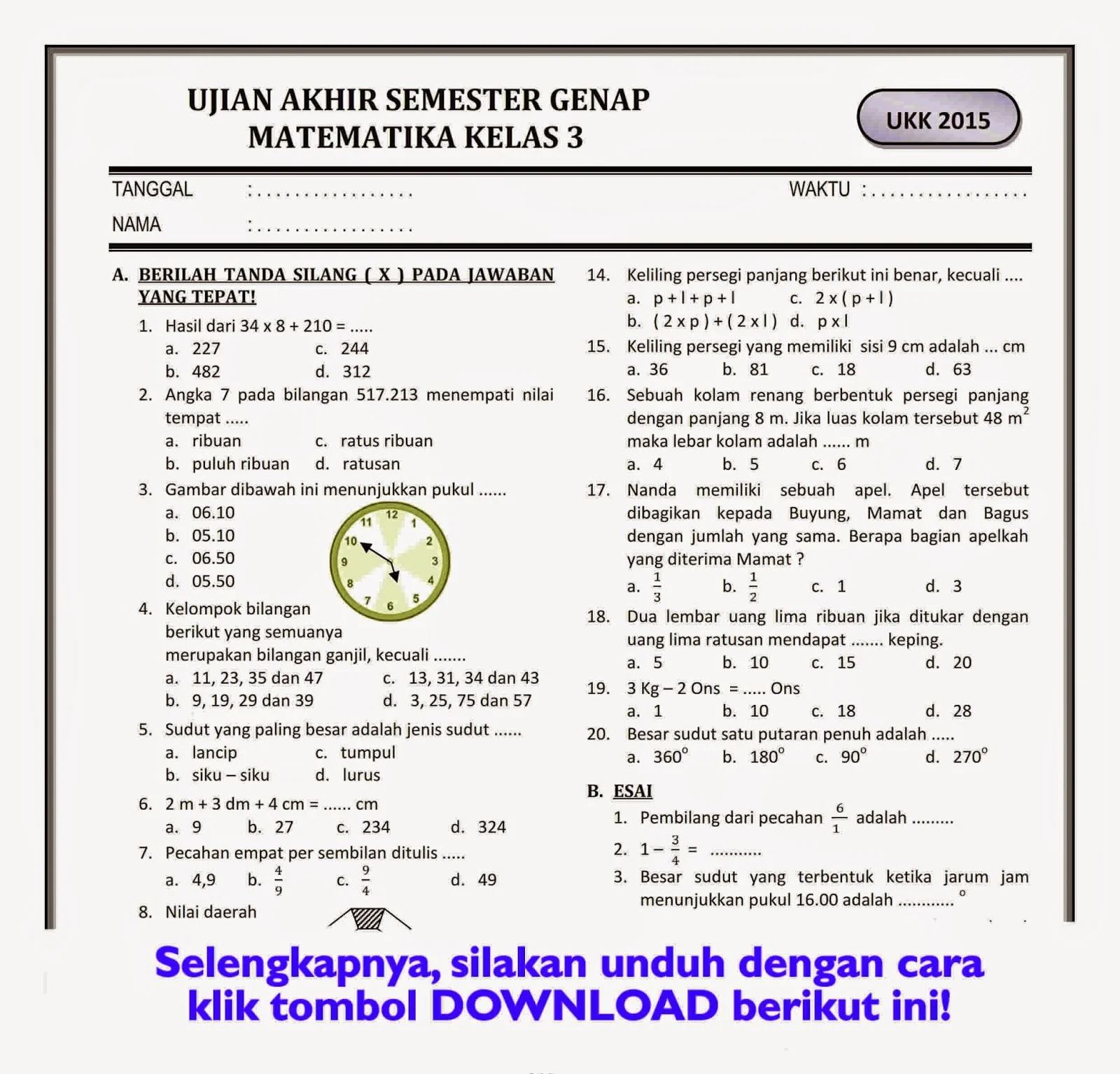 Menilik Kembali Ujian Semester 2 Kelas 3 SD Tahun 2019 Kumpulan Contoh