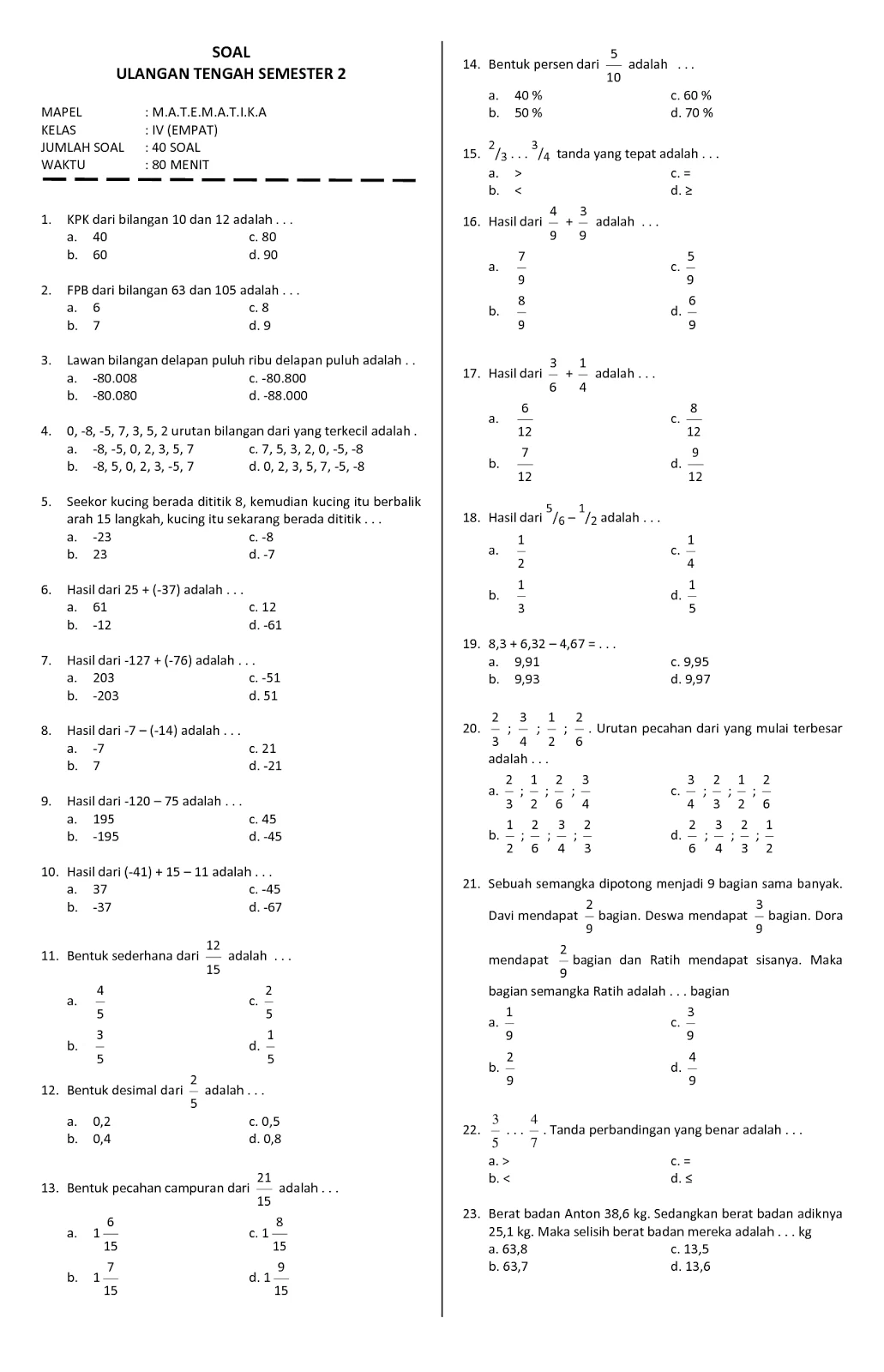 Latihan Soal Matematika Kelas 4 Dalchaebi