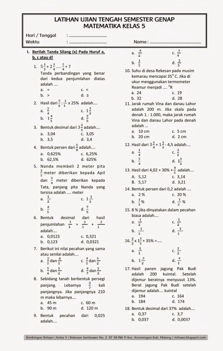 Akhirnya Tersedia! Download Soal Matematika Kelas 5 Semester 2 Lembar Kerja Siap Cetak