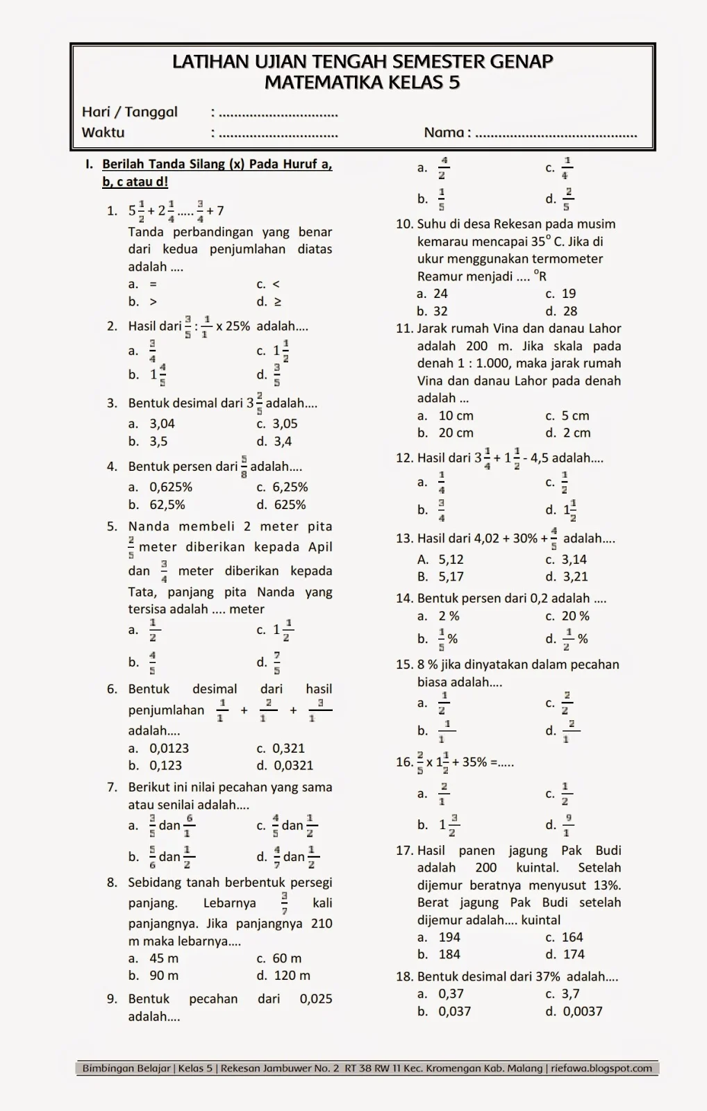 Akhirnya Tersedia! Download Soal Matematika Kelas 5 Semester 2 Lembar Kerja Siap Cetak