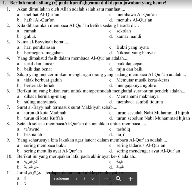 Soal Alquran Hadits Kelas 2 Semester 2 Dalchaebi