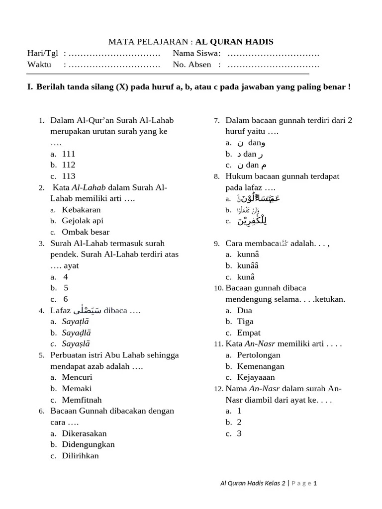 Ternyata Hanapi Bani Bocorkan Soal Alquran Hadits Kelas 2 Semester 2, Wajib Tahu