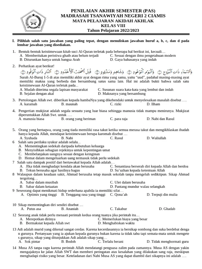 Soal PAS Akidah Akhlak Kelas VIII PDF