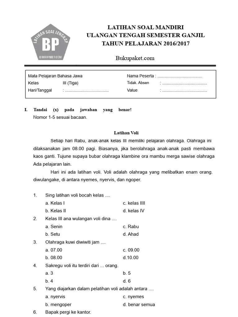 Latihan Soal UTS Bahasa Jawa Kelas III PDF Latihan Soal UTS Bahasa Jawa Kelas III PDF