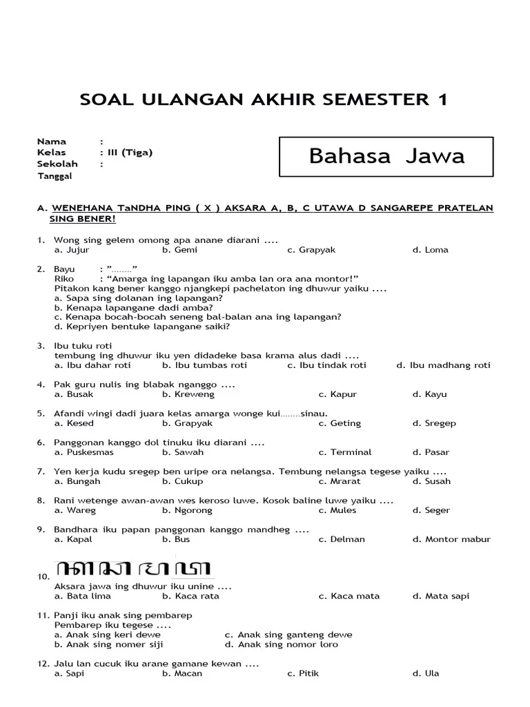 5 Fakta Mengejutkan Soal PAT Bahasa Jawa Kelas 3 Semester 2 yang Wajib Diketahui 5 Fakta Mengejutkan Soal PAT Bahasa Jawa Kelas 3 Semester 2 yang Wajib Diketahui