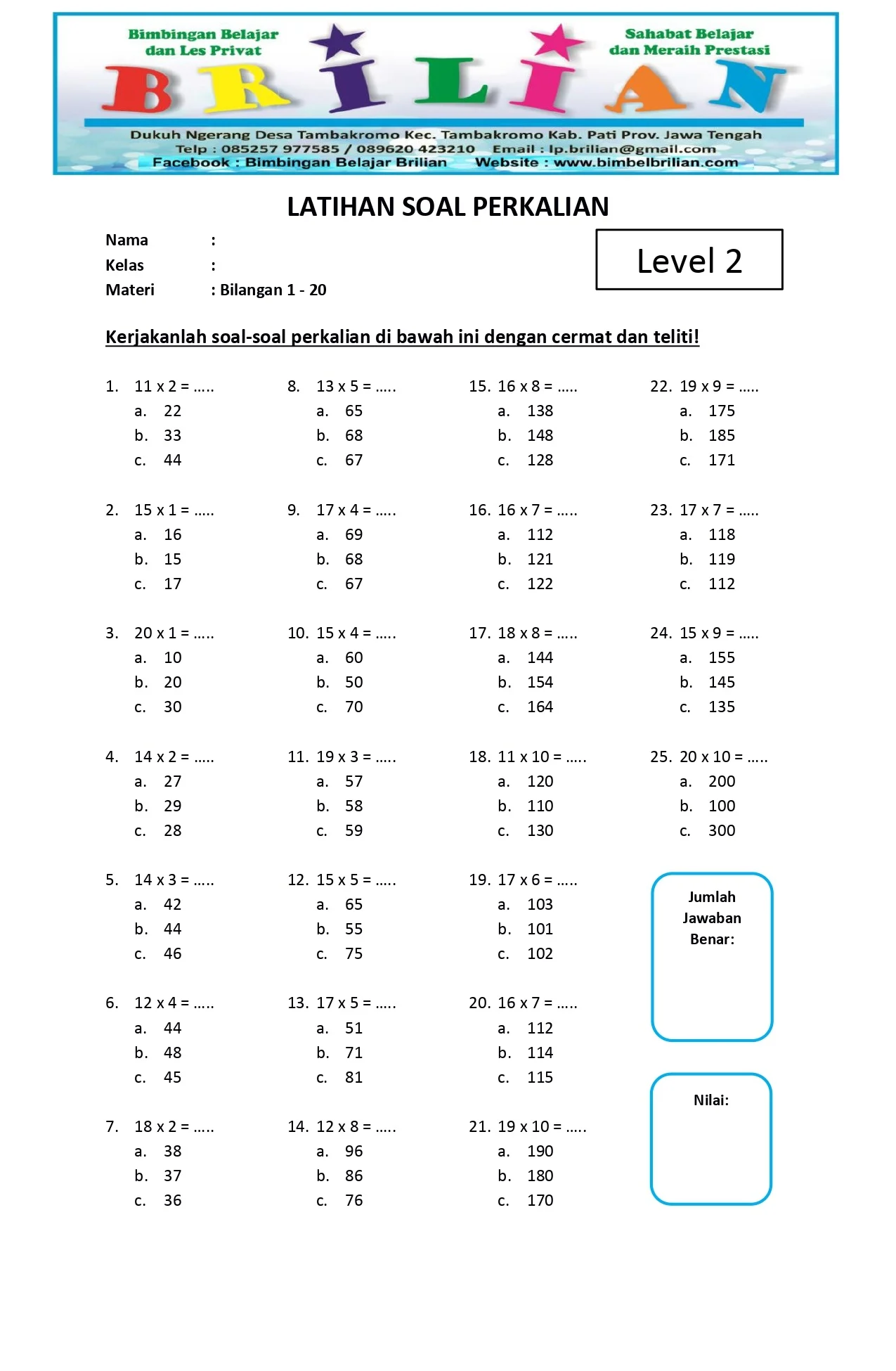 7 Lembar Kerja Soal Perkalian Kelas 2 SD PDF Siap Cetak untuk Siswa