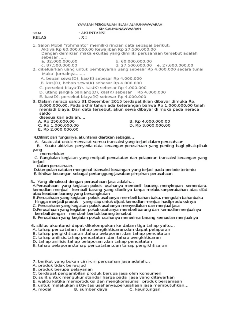 Soal Akuntansi Kelas XI SMK Almunawwarah PDF