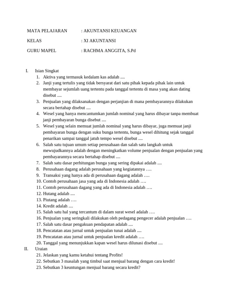 Akuntansi Keuangan Kelas XI Isian dan Uraian PDF