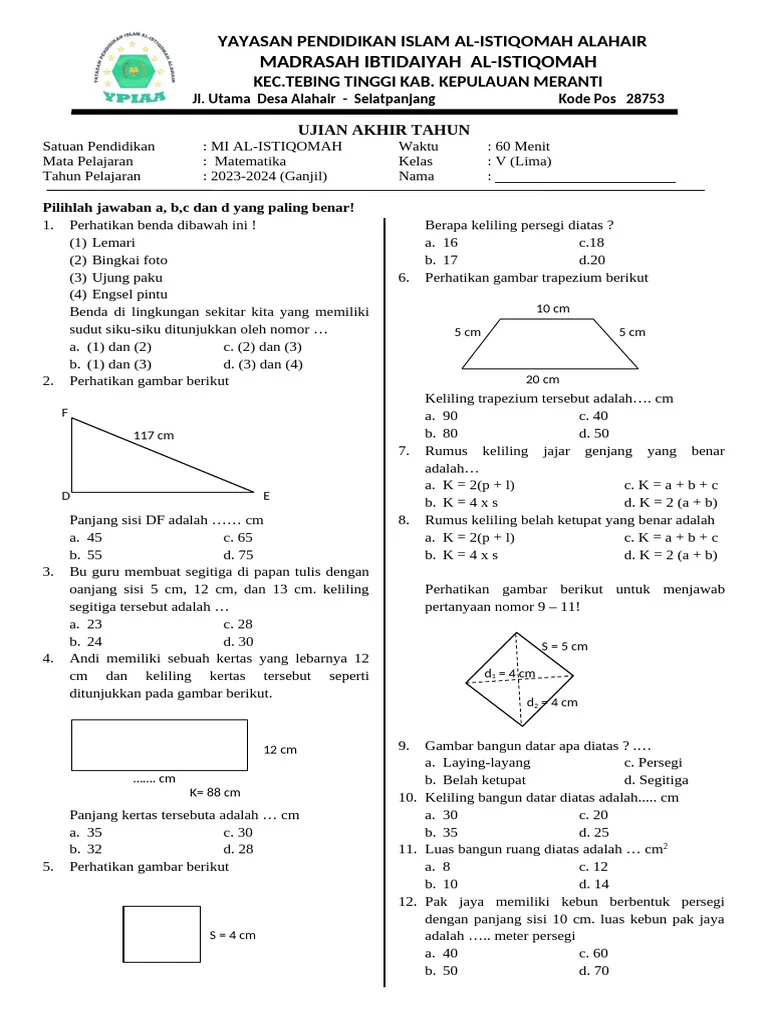 Ujian Matematika Kelas V MI Al-Istiqomah PDF