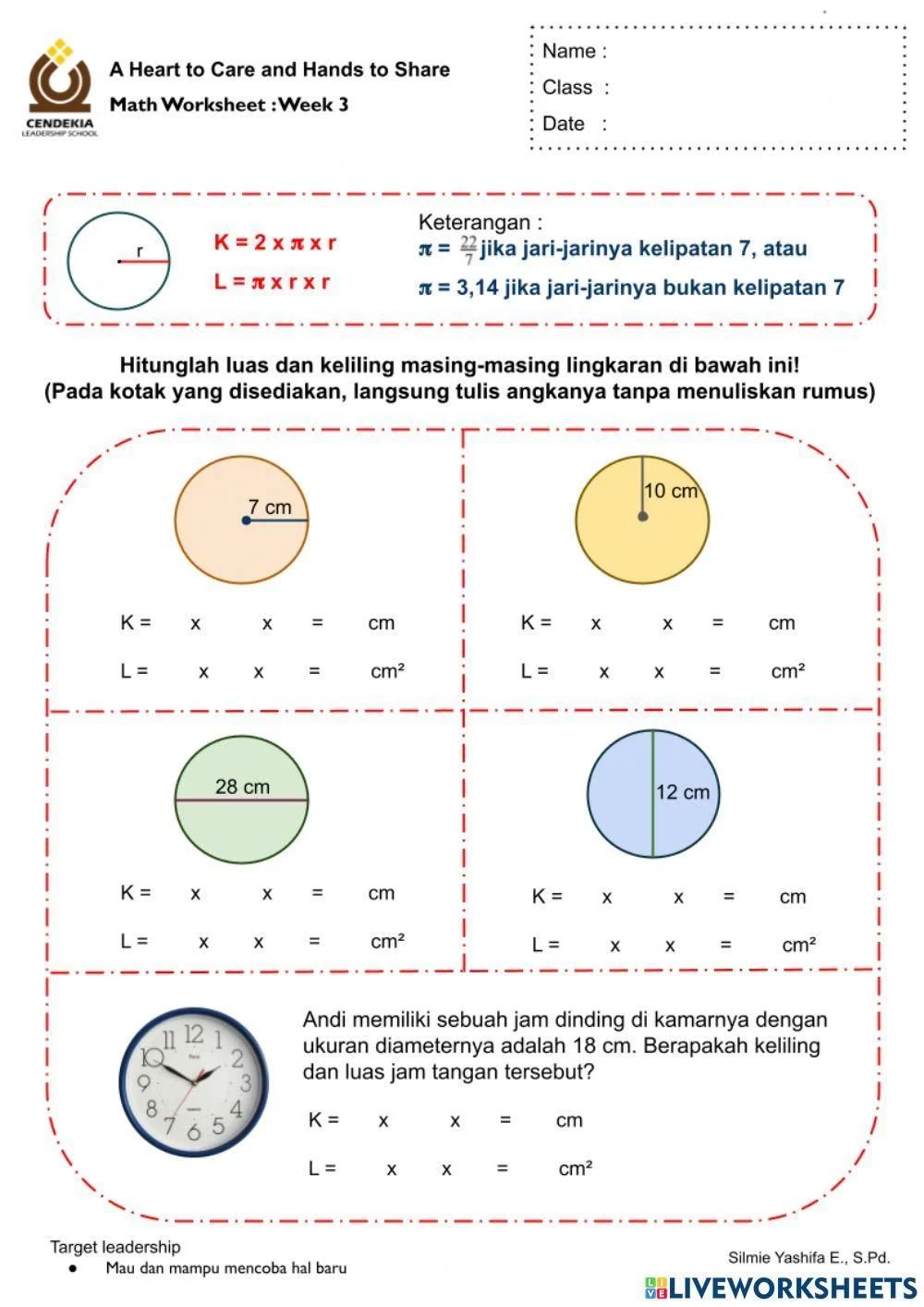 Luas dan Keliling Lingkaran Math worksheet on circle measurements