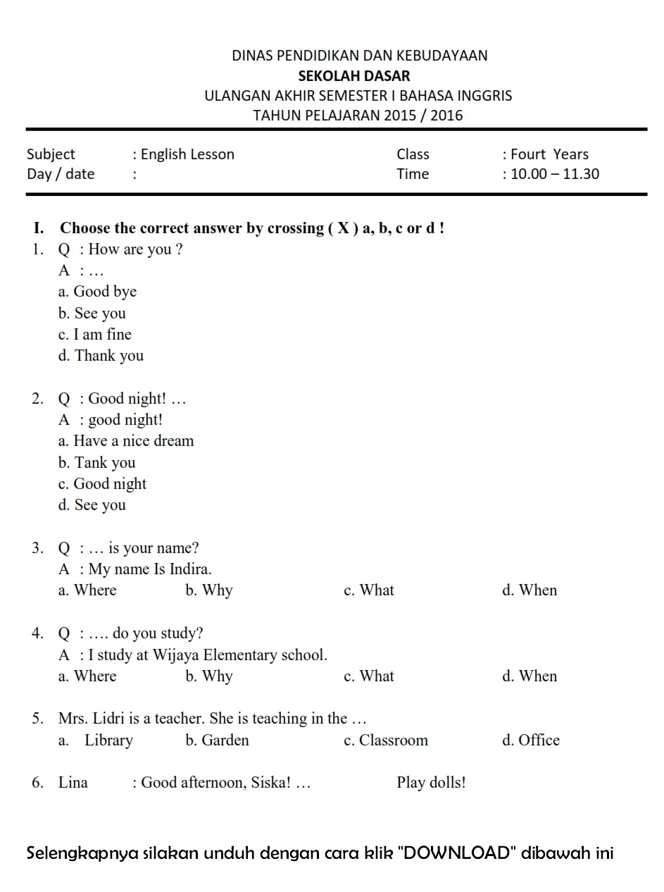 Soal listening bahasa inggris sd kelas 6 - lasopade Soal listening bahasa inggris sd kelas 6 - lasopade