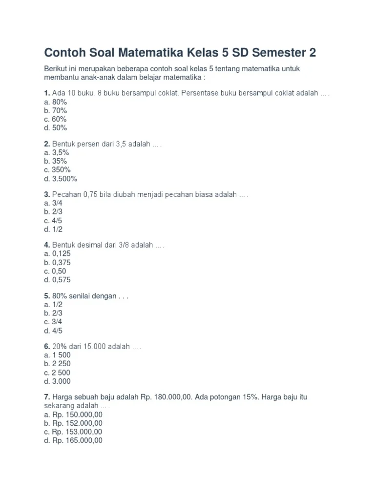 Kumpulan Contoh Soal Matematika Kelas 5 SD Semester 2 Lengkap dengan Kunci Jawaban untuk Ujian Akhir