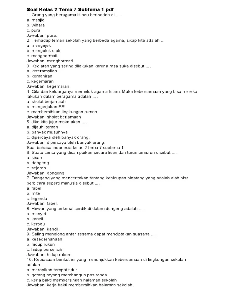 Terbukti 5 Contoh Soal Tematik Kelas 2 Tema 7 Subtema 1 yang Wajib Dikuasai Sekarang