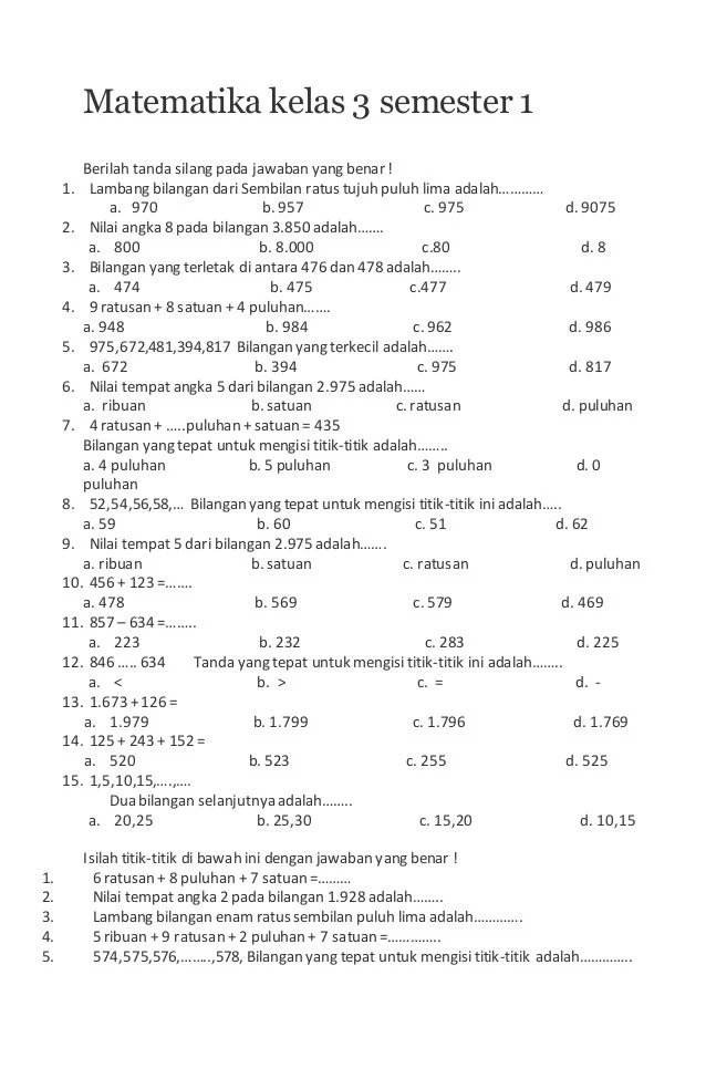 Soal UTS Matematika Kelas 3 SD Soal UTS Matematika Kelas 3 SD