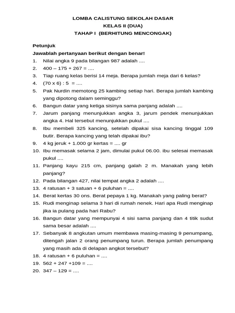 contoh soal lomba calistung tingkat kecamatan kelas 2 sd
