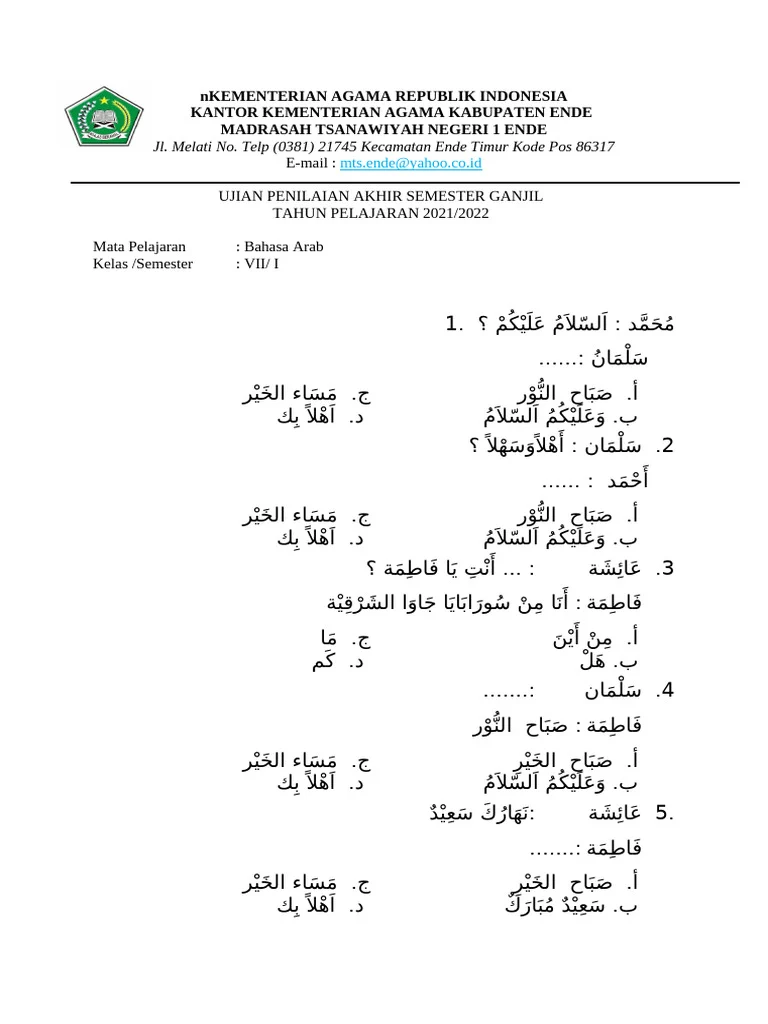 Rahasia Lulus Ujian Soal Bahasa Arab Kemenag Tangsel Kelas 7 Semester 2 Terbaru