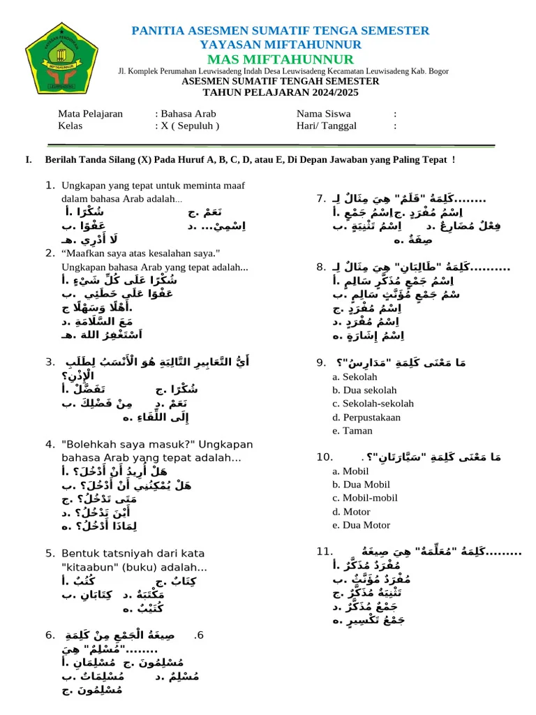 Rahasia Skor Sempurna Kerjakan Soal Bahasa Arab Kelas X Semester 2 Agar Nilai Melonjak