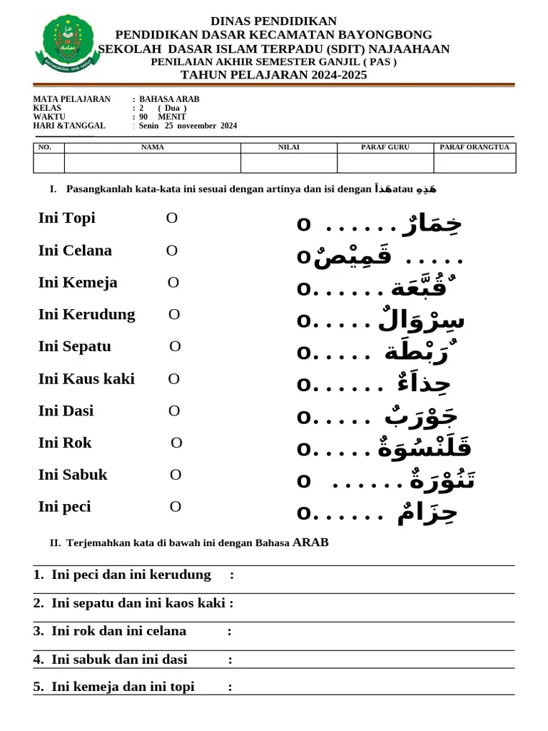 Rahasia Skor Sempurna Saat Mengerjakan Soal Bahasa Arab SD Kelas 2 Terbaru