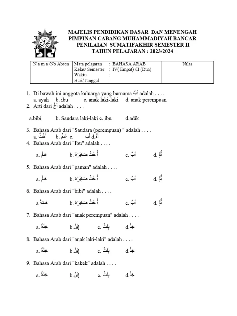 Rahasia Skor Sempurna dengan Kumpulan Soal Bahasa Arab Kelas 4 Semester 2 2020 Terbaru