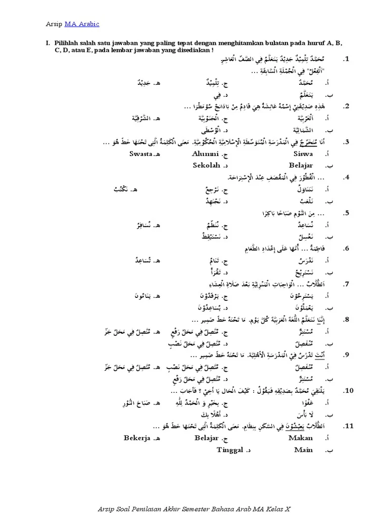 Rahasia Skor Tinggi Lewat Bocoran Soal Bahasa Arab Kelas X Semester 2 Madrasah Aliyah