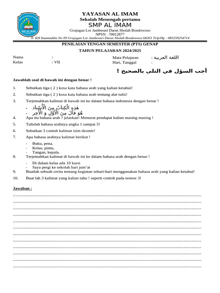 Rahasia Sukses Menjawab Soal Bahasa Arab Kelas VII Semester 2 Agar Nilai Sempurna