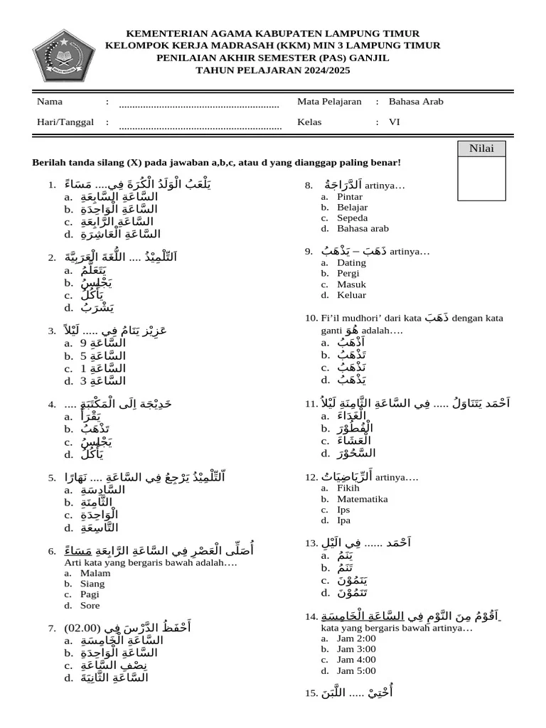 Wajib Tahu Bocoran Soal Bahasa Arab Kelas 6 MIN Semester 2 Agar Nilai Ujian Maksimal