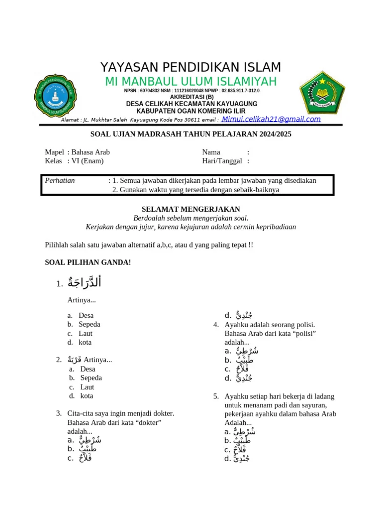 Wajib Tahu Bocoran Soal Bahasa Arab MI Kelas 6 Semester 2 Agar Nilai Ujian Melejit