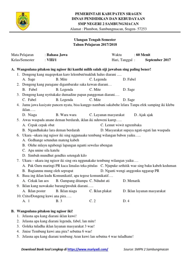 Wajib Tahu! Kumpulan Latihan Soal Ulangan Bahasa Jawa Kelas 8 MTsN Semester 1 Terbaru